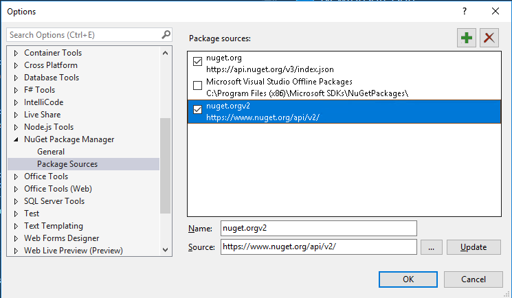 Visual Studio Options Menü für Paketquellen